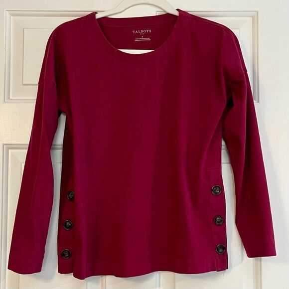 Talbots Pink Side Buttons Crew Neck Long Sleeve Top Small - Picture 2 of 9